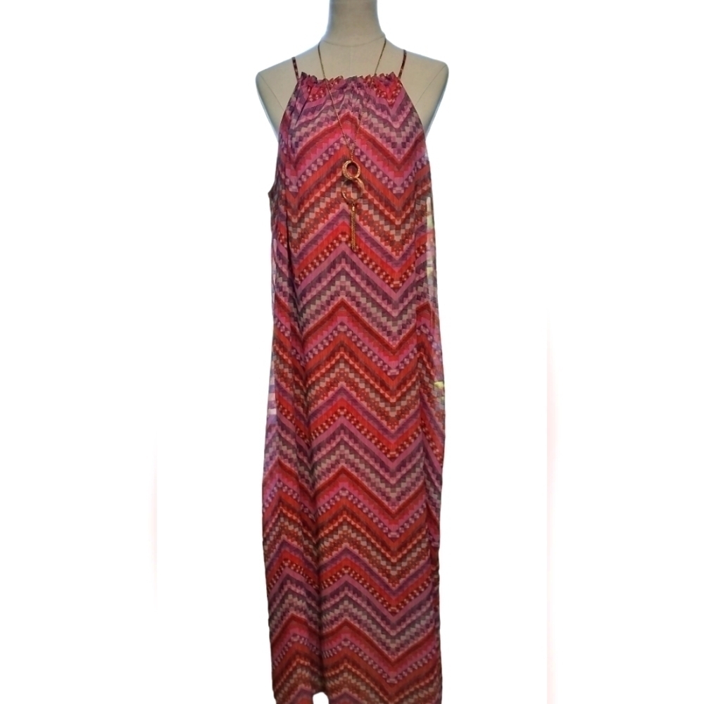 (1184) Emma & Michelle Red, Pink Chevron Sleeveless Maxi Dress Size 16